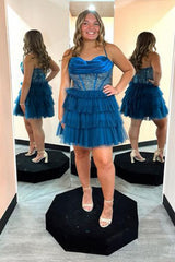Sparkly Peacock Blue Corset Ruffled Short Homecoming Dress/Mini Dress