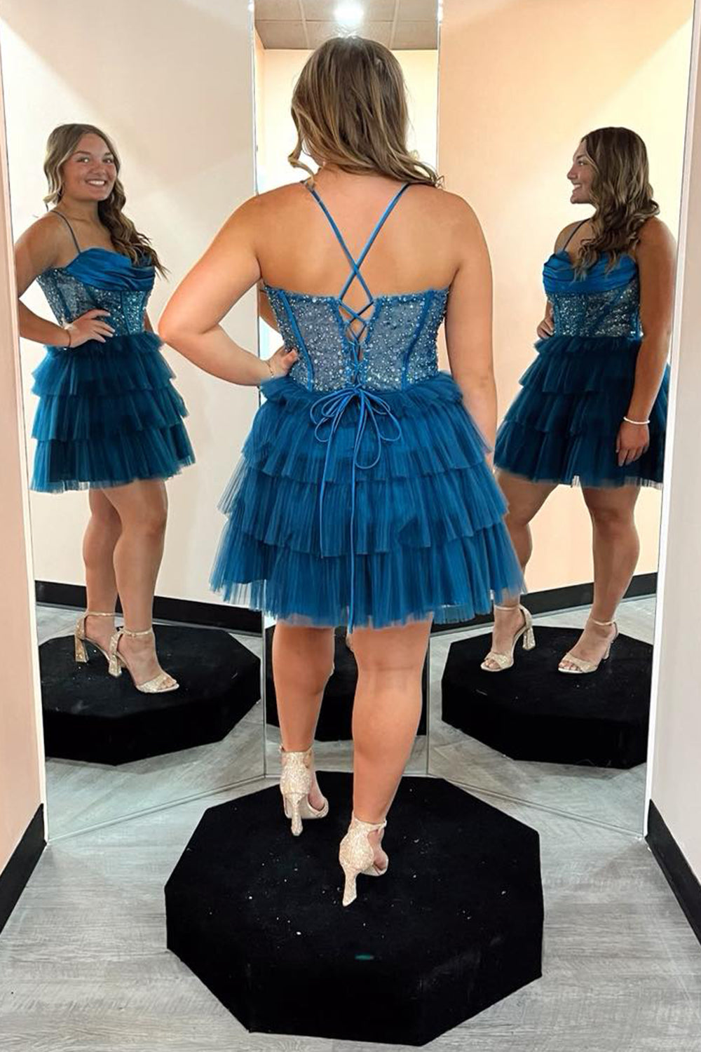 Sparkly Peacock Blue Corset Ruffled Short Homecoming Dress/Mini Dress