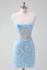 Sparkly Light Blue Sequins Corset Tight Short Homecoming Dress/Mini Dress