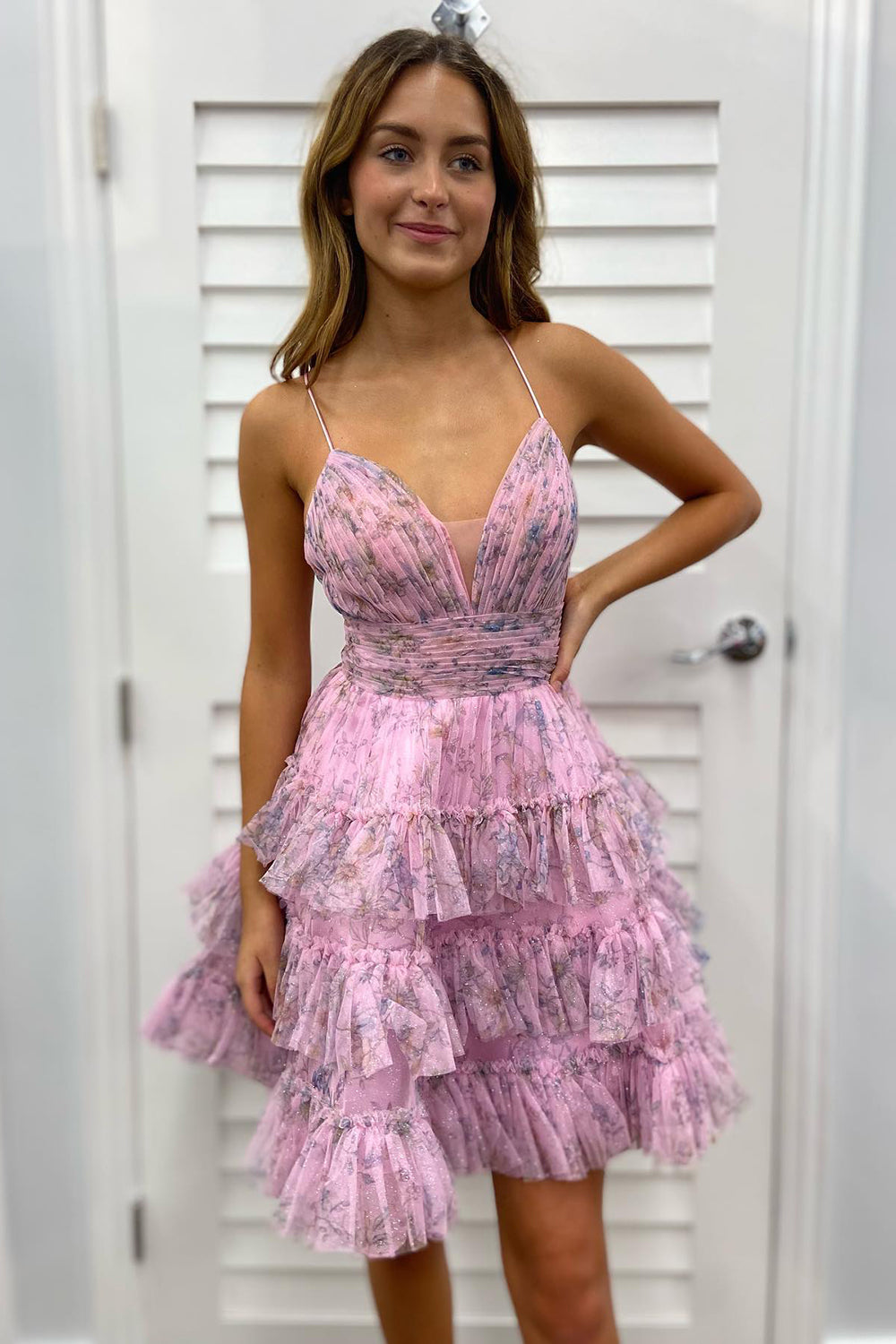 Pink A Line Ruffled Spaghetti Straps Short Homecoming Dress/Mini Dress