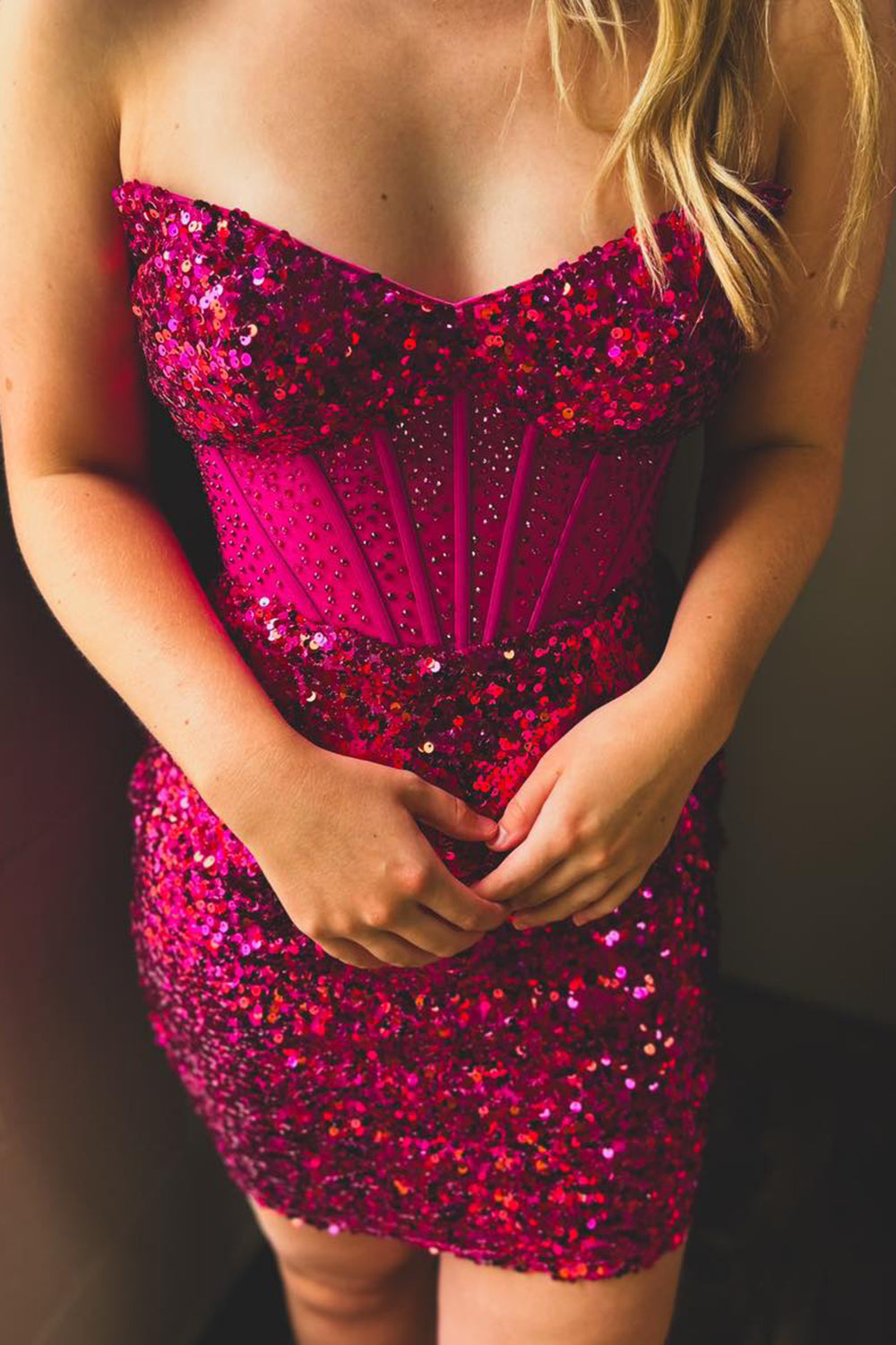 Sparkly Fuchsia Sweetheart Corset Tight Short Homecoming Dress/Mini Dress
