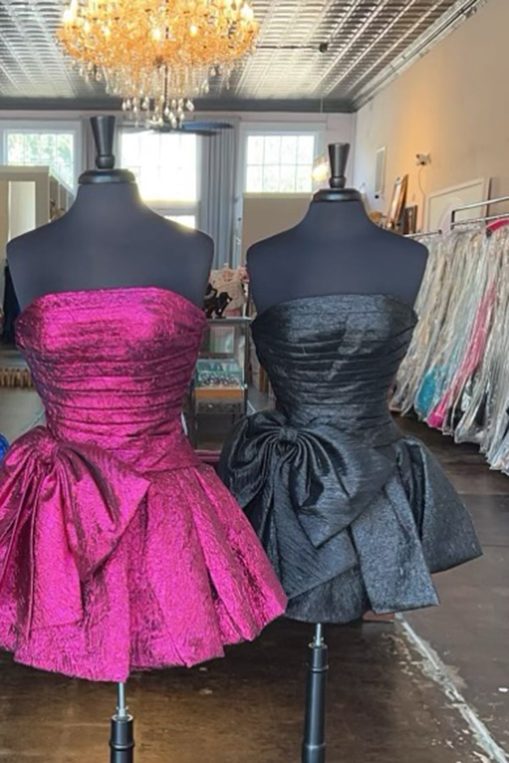 Short Ruched Fuchsia Homecoming Dress with Bow in A-Line Style