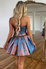 Blue Strapless Corset A Line Short Homecoming Dress/Mini Dress With Bow