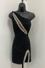 Sparkly Black Sequins One Shoulder Tight Short Homecoming Dress/Mini Dress