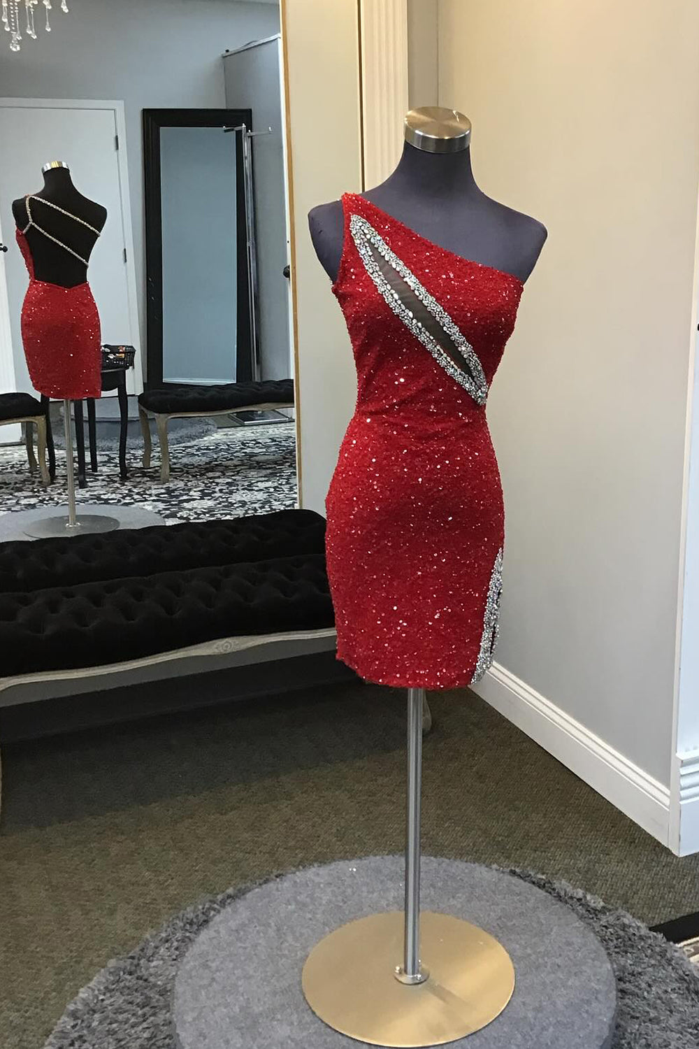 Sparkly Black Sequins One Shoulder Tight Short Homecoming Dress/Mini Dress