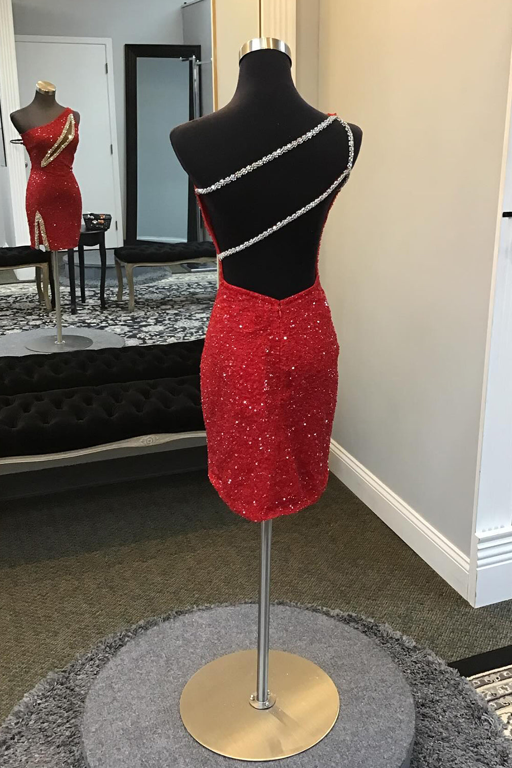 Sparkly Black Sequins One Shoulder Tight Short Homecoming Dress/Mini Dress