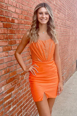 Sparkly Orange Corset Tight Short Homecoming Dress/Mini Dress With Beadings