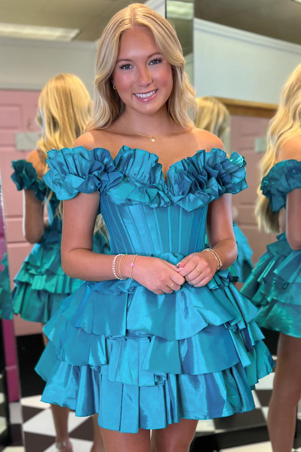 Fuchsia Off The Shoulder Corset Short Homecoming Dress/Mini Dress With Ruffles