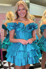 Blue Off The Shoulder Corset Short Homecoming Dress/Mini Dress With Ruffles