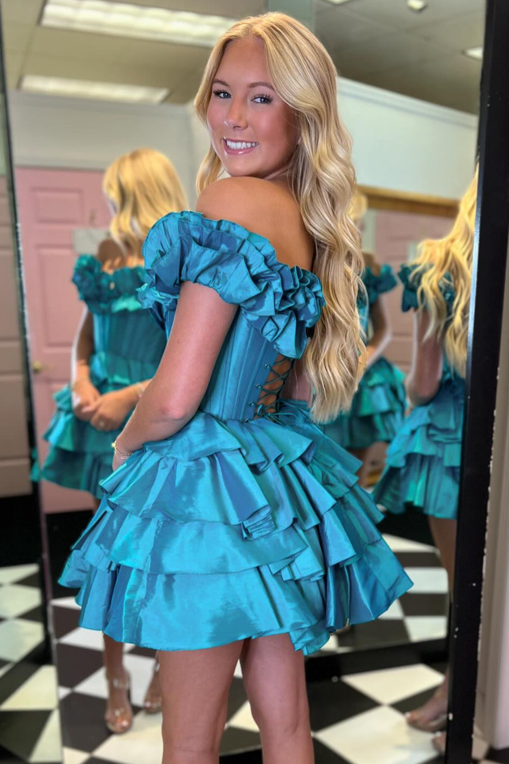 Blue Off The Shoulder Corset Short Homecoming Dress/Mini Dress With Ruffles
