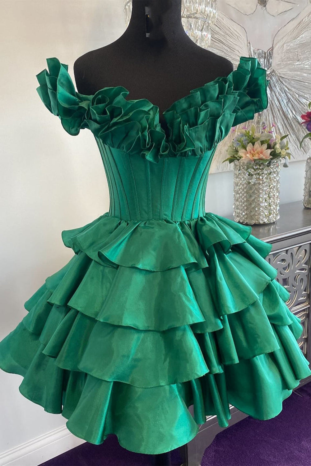 A -Line Off The Shoulder Golden Corset Short Homecoming Dress/Mini Dress with Ruffles