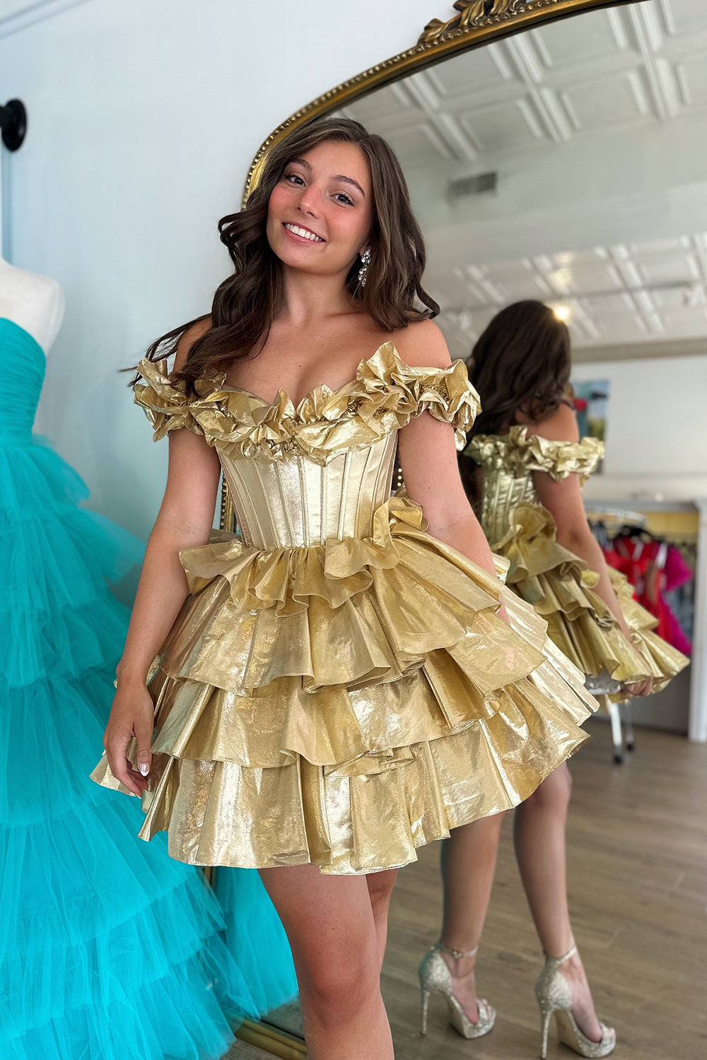 A -Line Off The Shoulder Golden Corset Short Homecoming Dress/Mini Dress with Ruffles