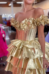 Golden Off The Shoulder Corset Short Homecoming Dress/Mini Dress With Ruffles