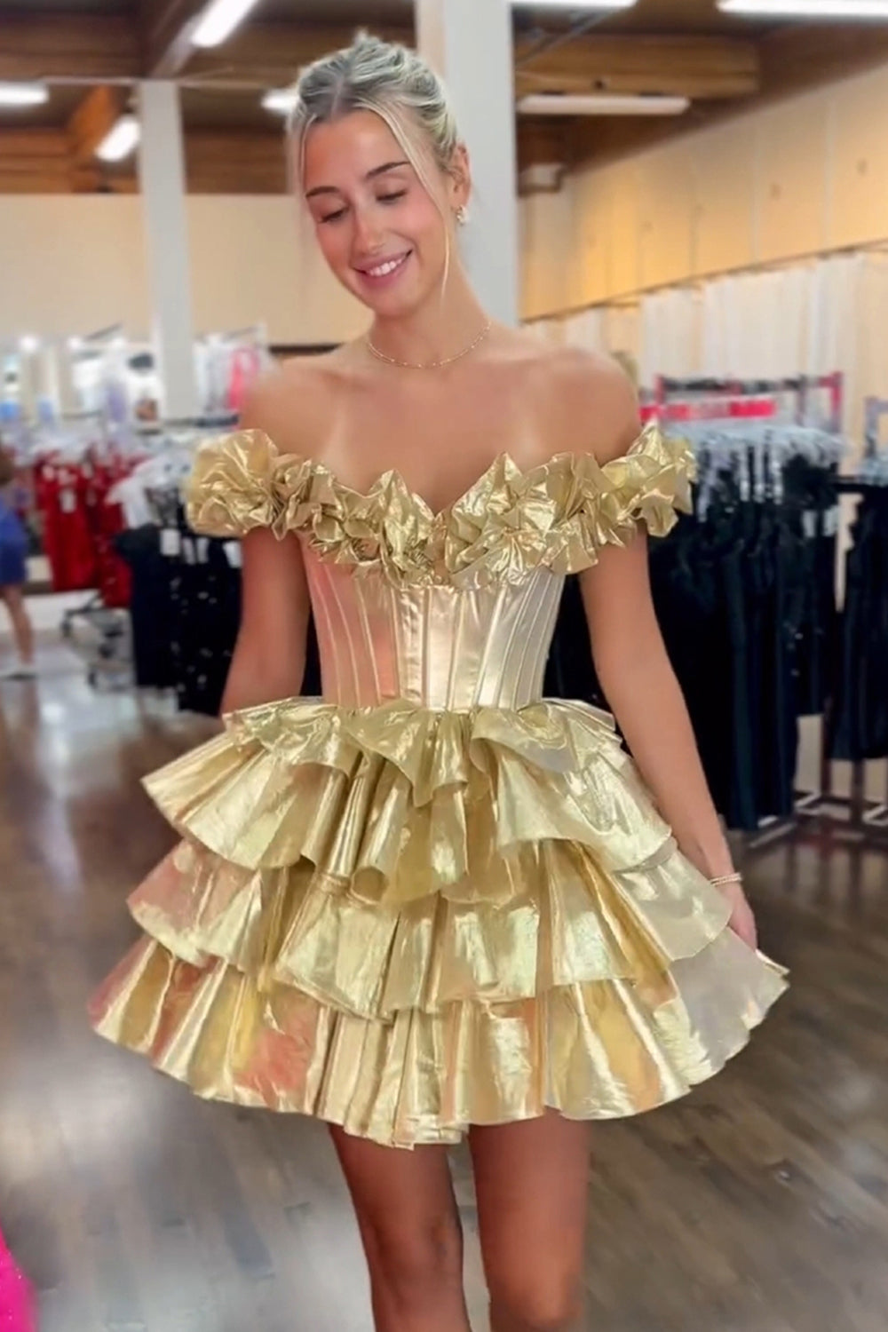 Yellow Off The Shoulder Corset Short Homecoming Dress/Mini Dress With Ruffles