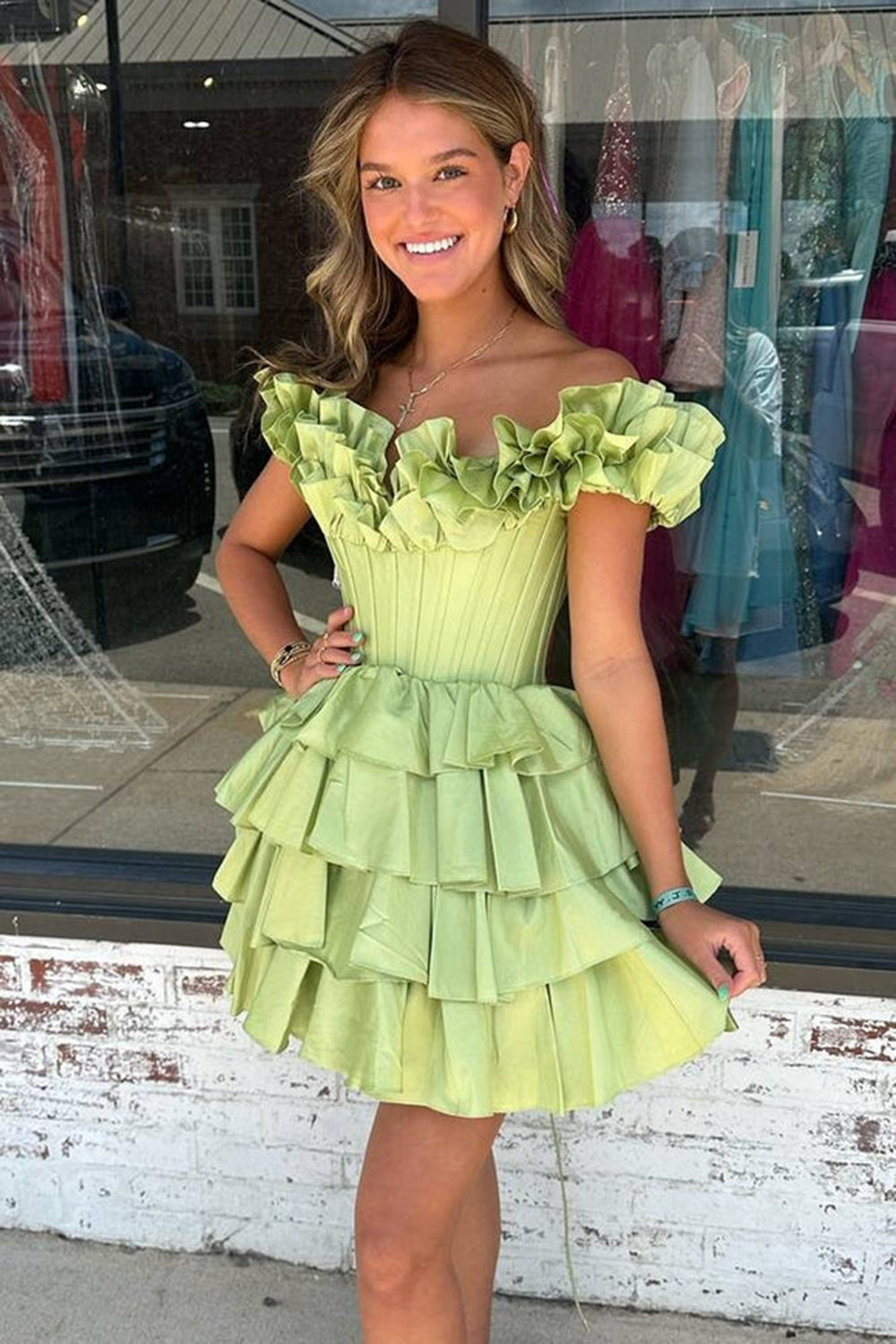 Golden Off The Shoulder Corset Short Homecoming Dress/Mini Dress With Ruffles