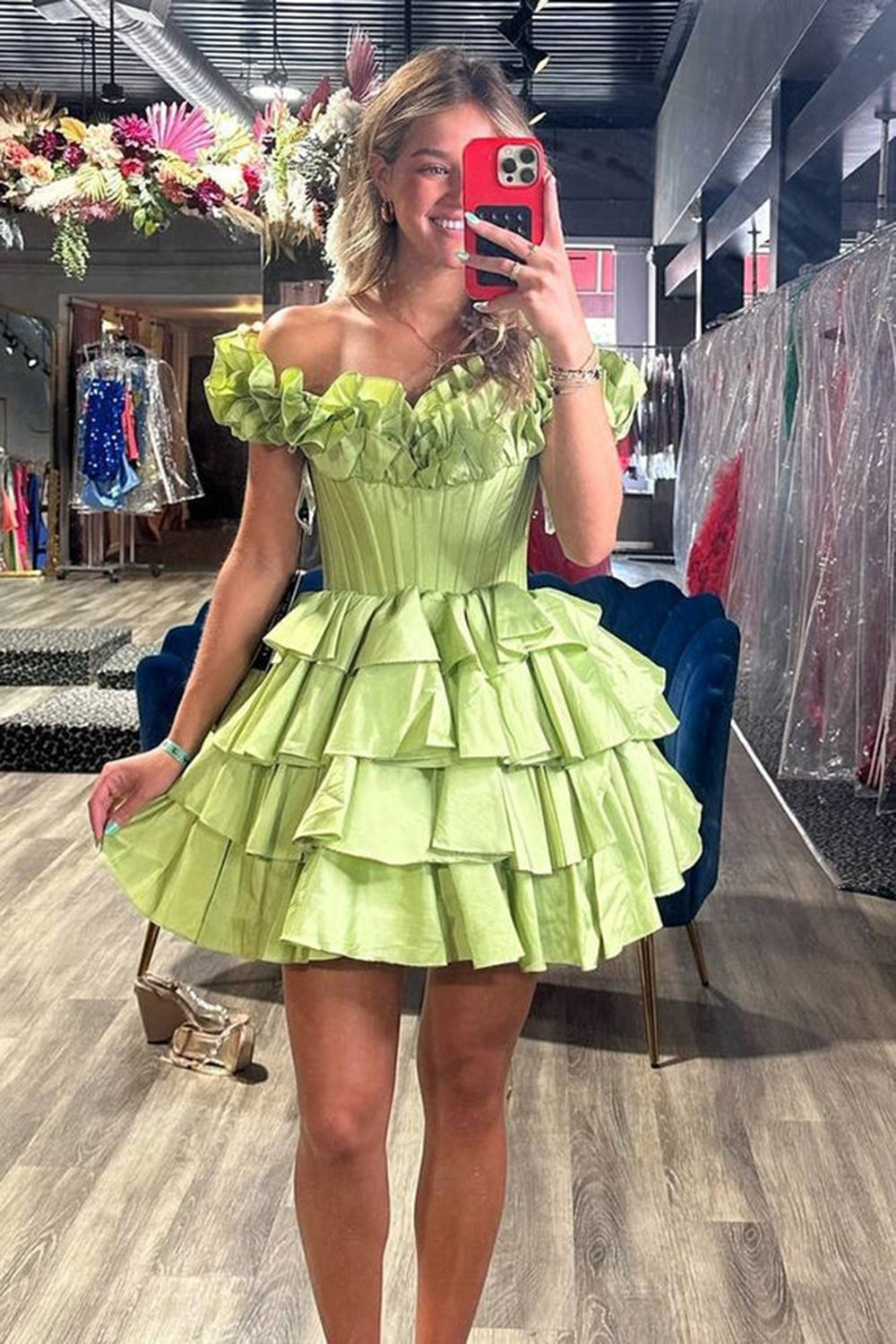 Fuchsia Off The Shoulder Corset Short Homecoming Dress/Mini Dress With Ruffles