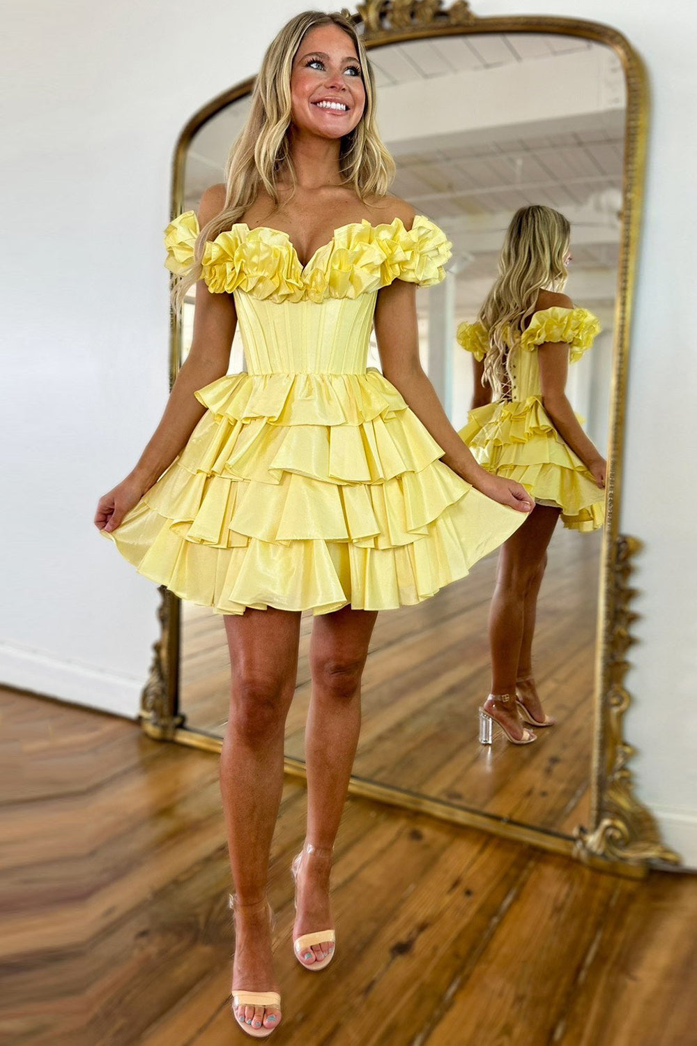 Blue Off The Shoulder Corset Short Homecoming Dress/Mini Dress With Ruffles