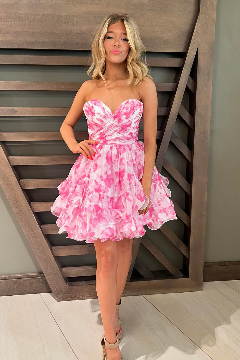 Blue Strapless A Line Floral Short Homecoming Dress/Mini Dress