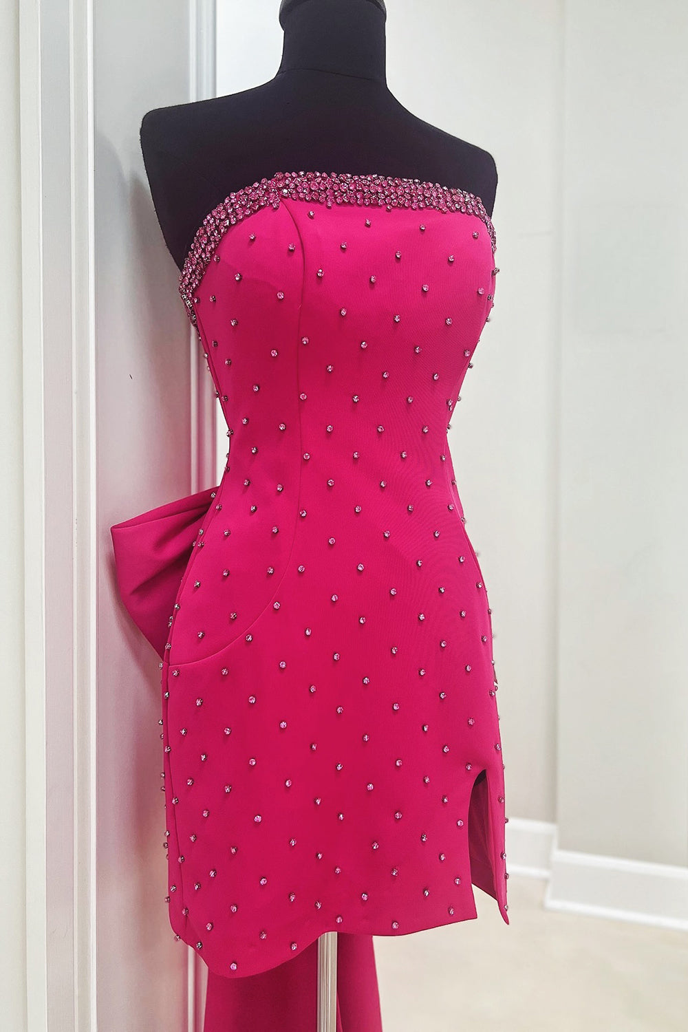 Glitter Fuchsia Beaded Strapless Bodycon Short Homecoming Dress/Mini Dress With Bow