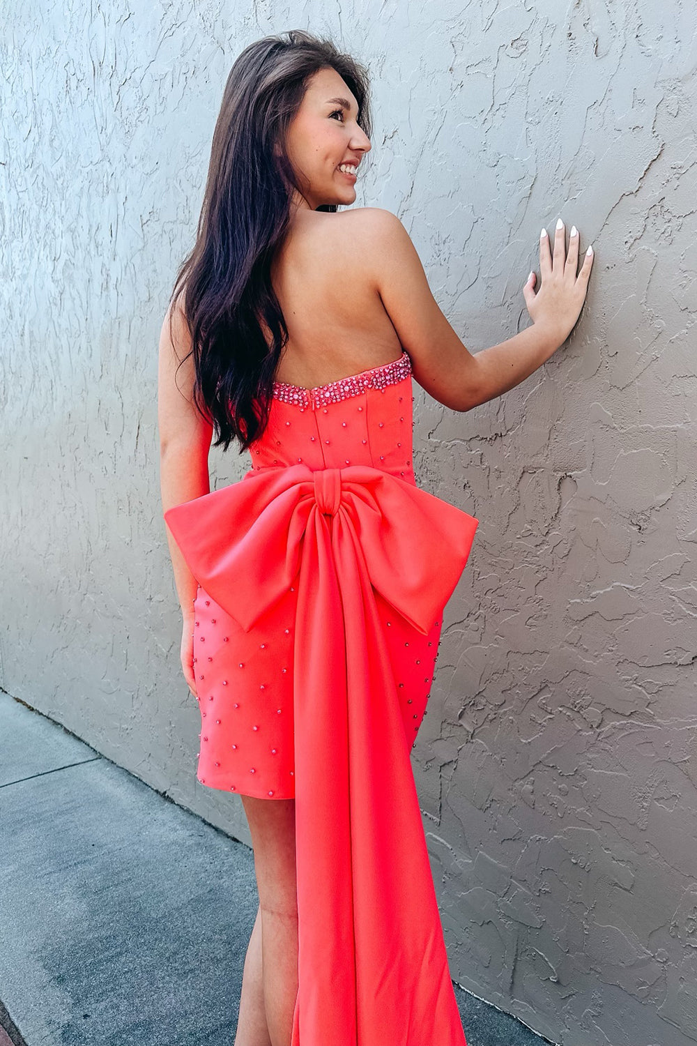 Glitter Fuchsia Beaded Strapless Bodycon Short Homecoming Dress/Mini Dress With Bow
