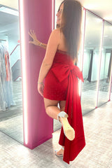 Glitter Fuchsia Beaded Strapless Bodycon Short Homecoming Dress/Mini Dress With Bow