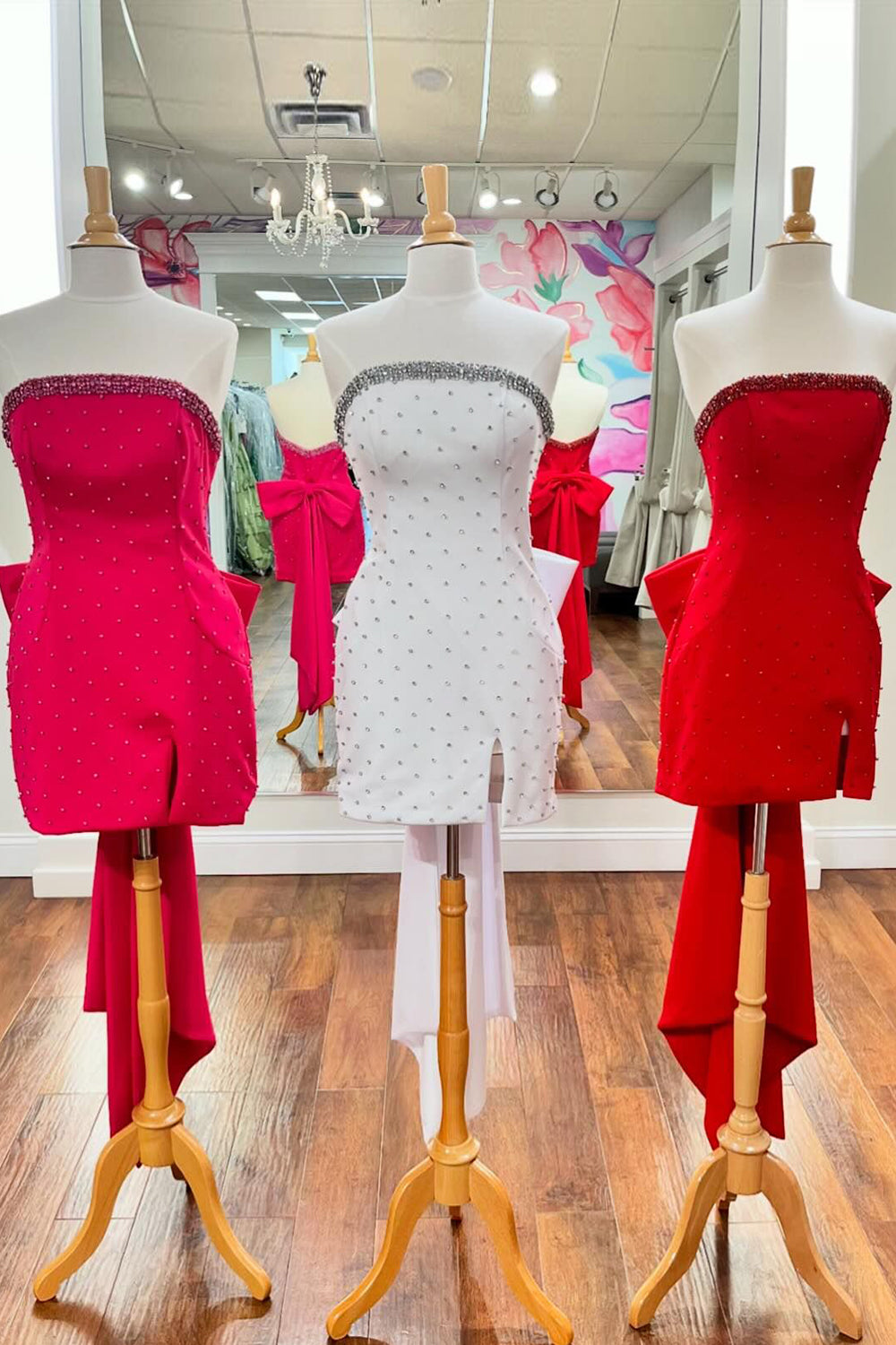 Glitter Fuchsia Beaded Strapless Bodycon Short Homecoming Dress/Mini Dress With Bow