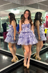 Blue Halter A Line Tiered Floral Printed Homecoming Dress/Mini Dress