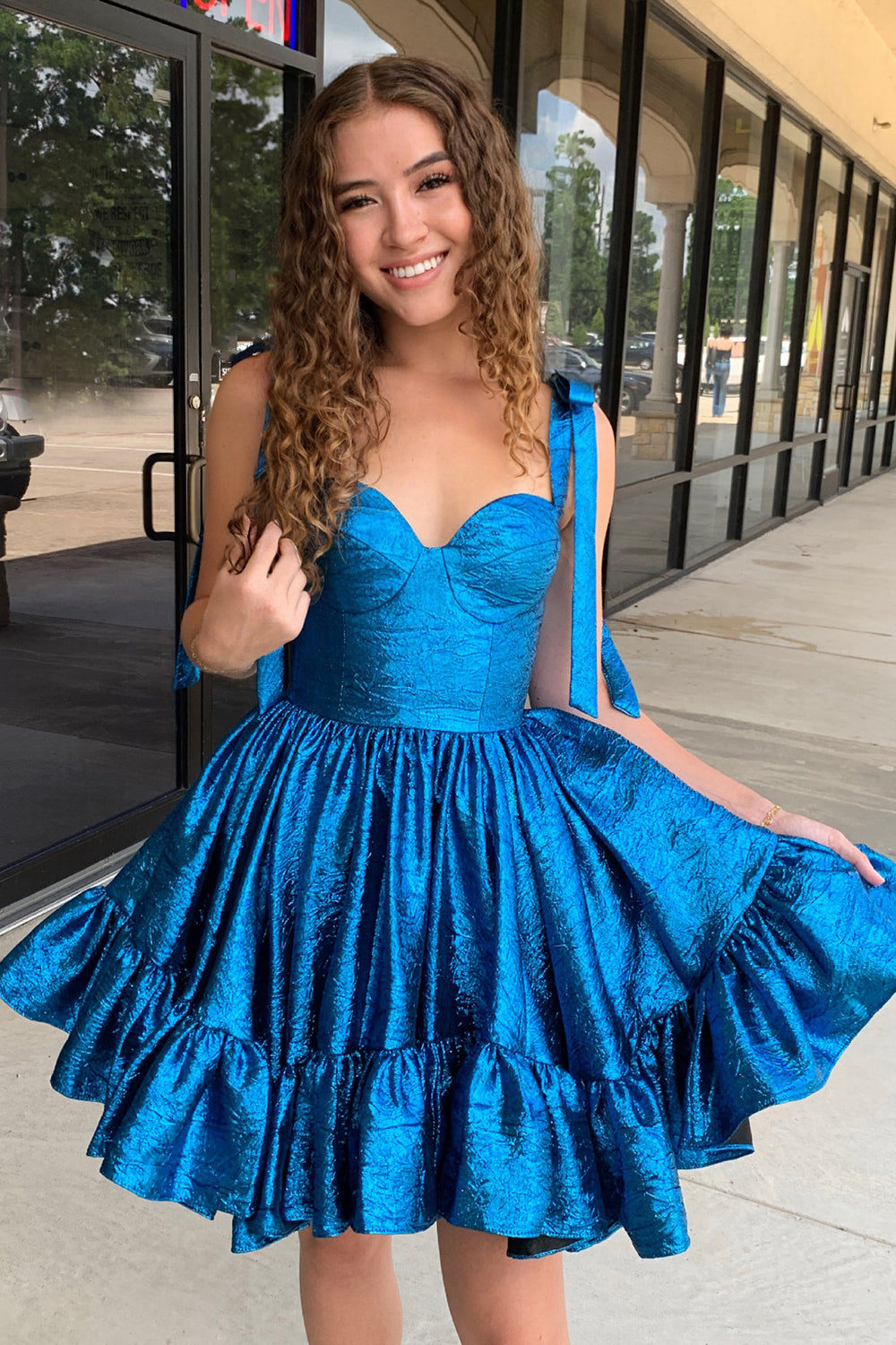 A Line Spaghetti Straps Blue Tiered Short Homecoming Dress/Mini Dress with Bows