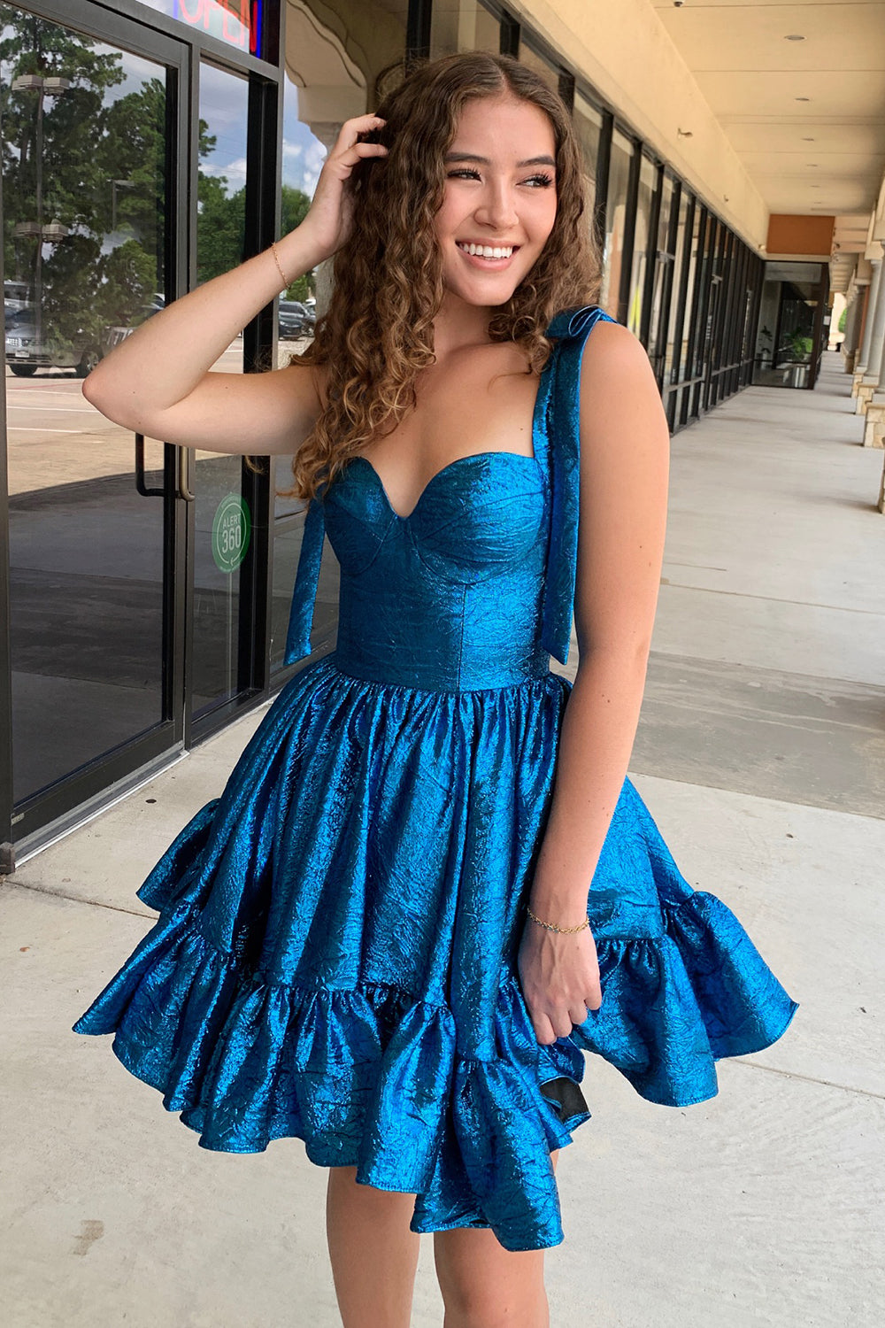 A Line Spaghetti Straps Blue Tiered Short Homecoming Dress/Mini Dress with Bows