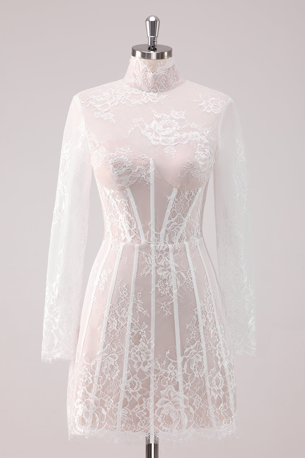 High-Neck White Lace Corset Mini Dress with Elegant Long Sleeves for Homecoming