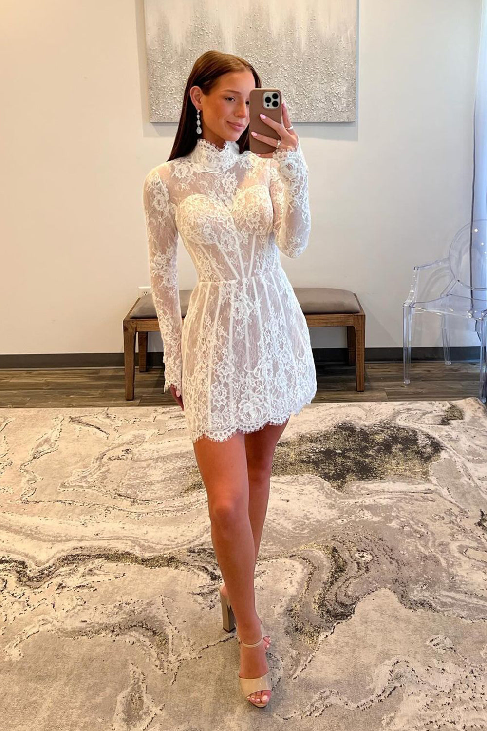 High-Neck White Lace Corset Mini Dress with Elegant Long Sleeves for Homecoming