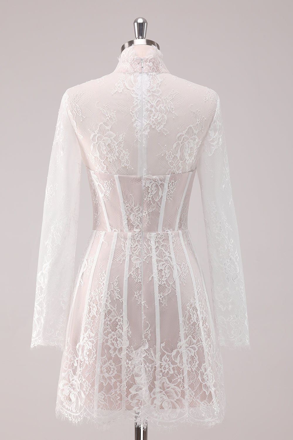 High-Neck White Lace Corset Mini Dress with Elegant Long Sleeves for Homecoming