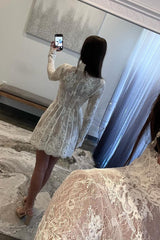 White Long Sleeves A Line Short Homecoming Dress/Mini Dress With Lace