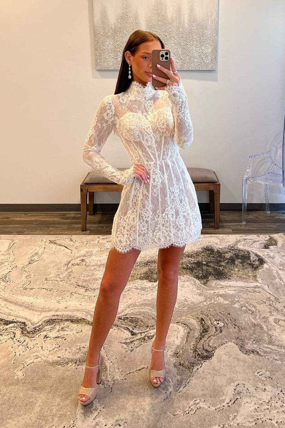 White Long Sleeves A Line Short Homecoming Dress/Mini Dress With Lace