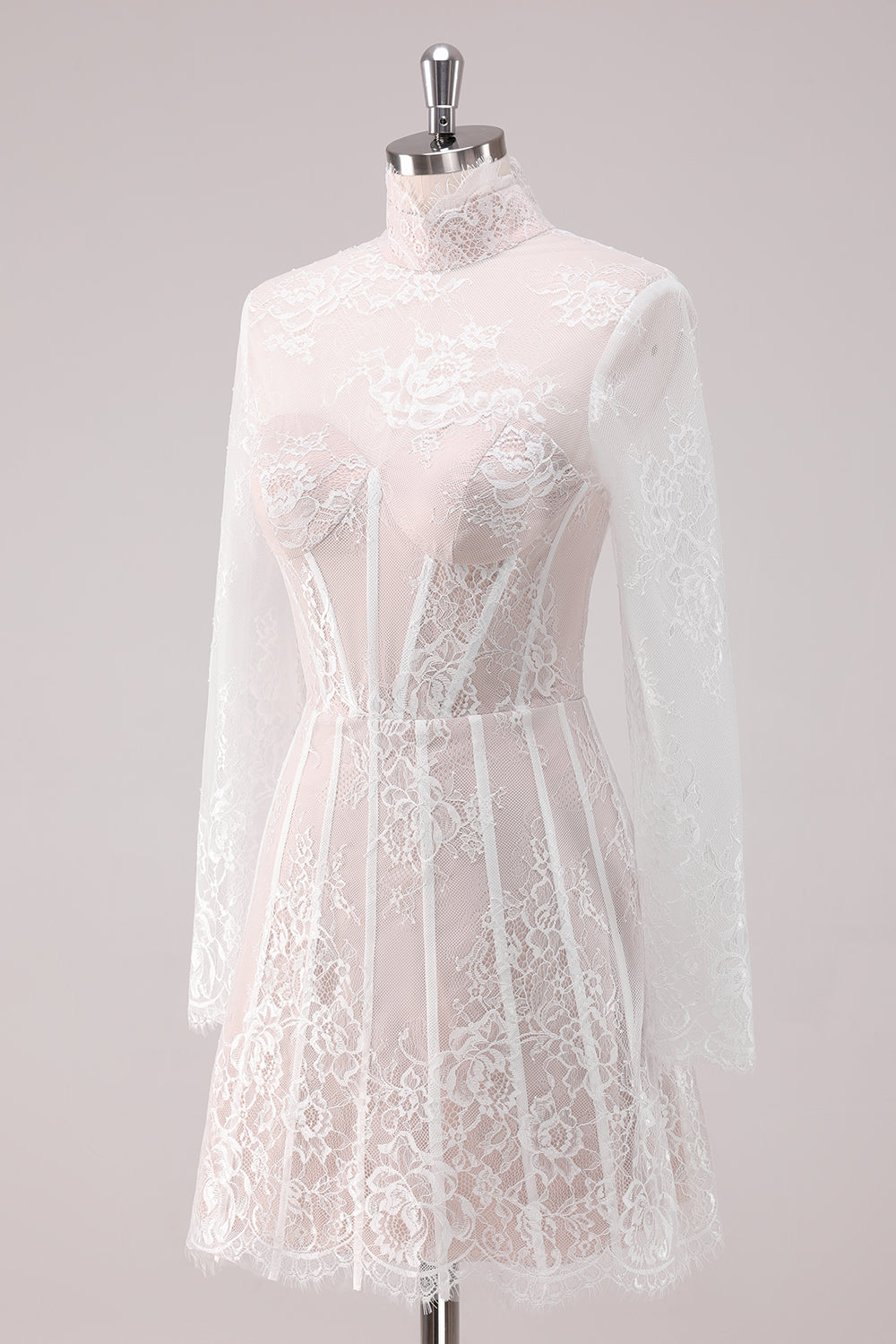 High-Neck White Lace Corset Mini Dress with Elegant Long Sleeves for Homecoming