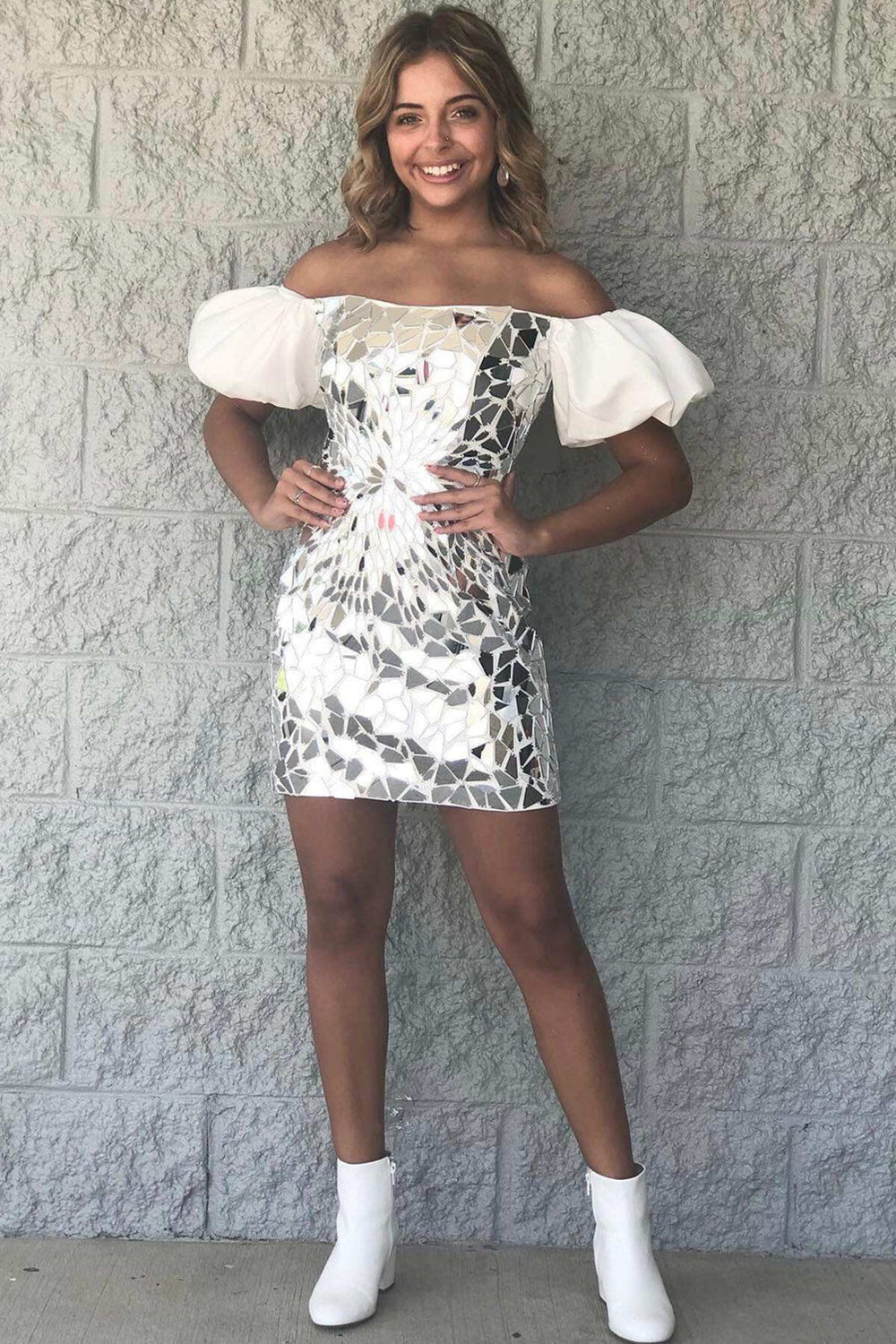 Black Mirror Off The Shoulder Tight Short Homecoming Dress/Mini Dress
