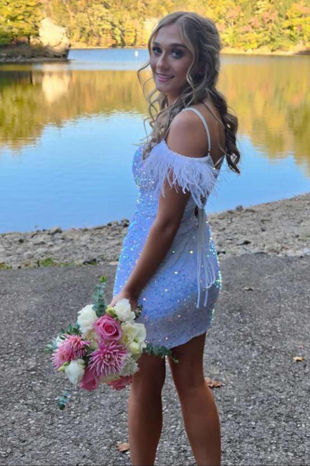 Sparkly Feathered Black Sequined Bodycon Homecoming Dress/Mini Dress