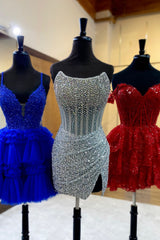 Fluffy Royal Blue A Line Halter Tiered Short Corset Homecoming Dress/Mini Dress
