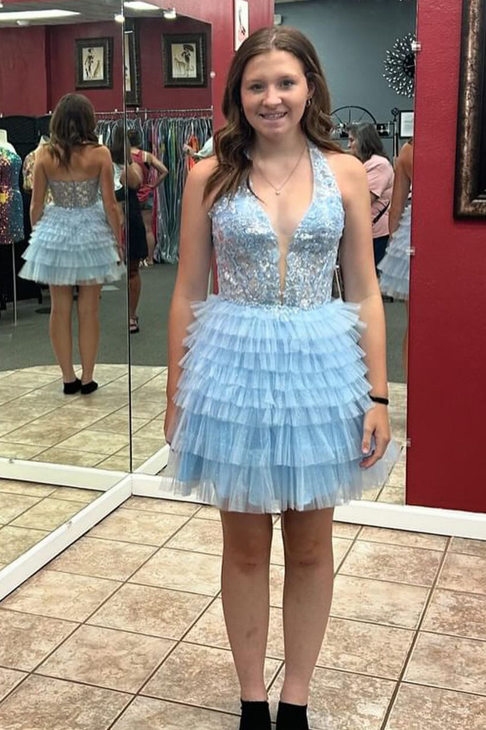 Grey A Line Halter Tiered Short Corset Homecoming Dress/Mini Dress