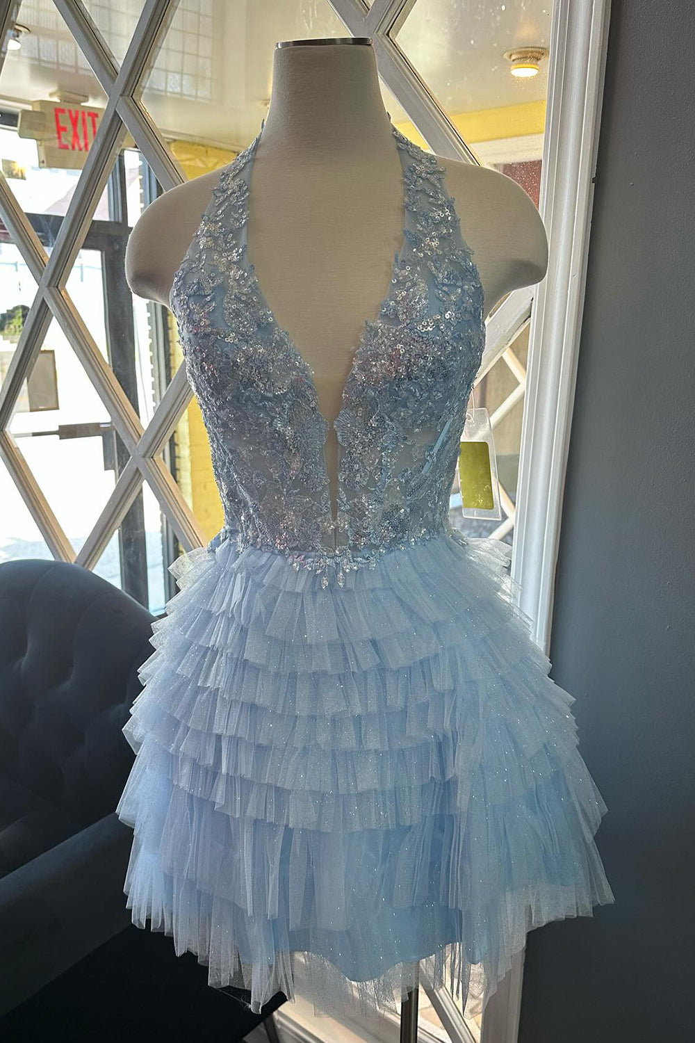 Fluffy Royal Blue A Line Halter Tiered Short Corset Homecoming Dress/Mini Dress