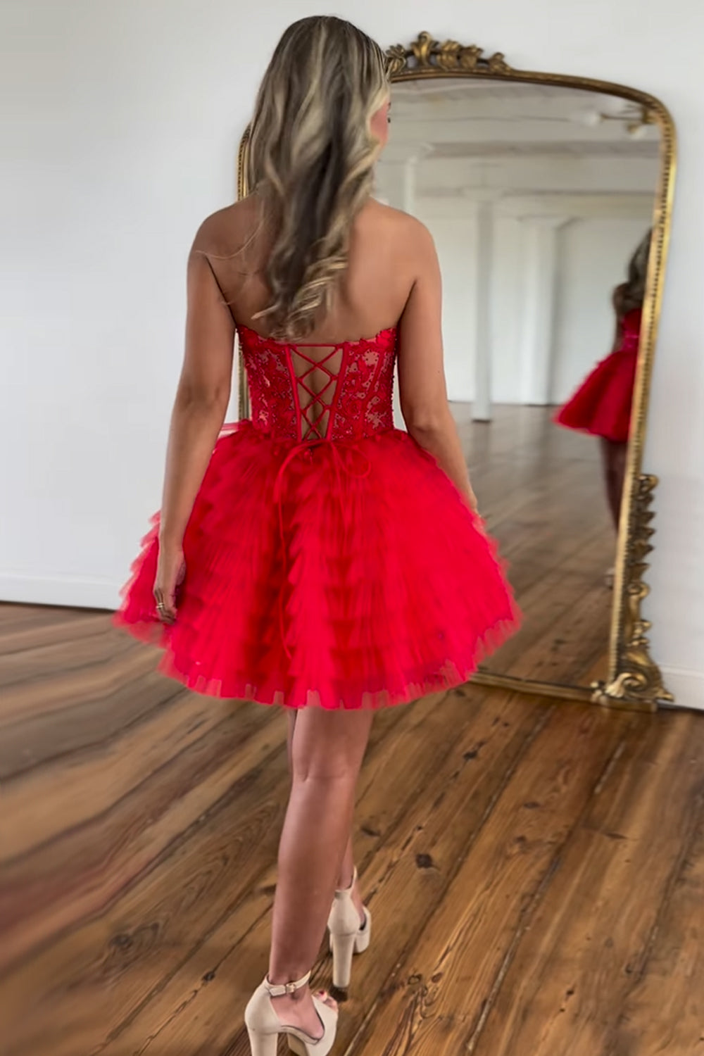 Sparkly Red Strapless Corset A Line Short Homecoming Dress/Mini Dress With Beadings