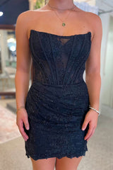 Sparkly Black Corset Strapless Tight Short Homecoming Dress/Mini Dress