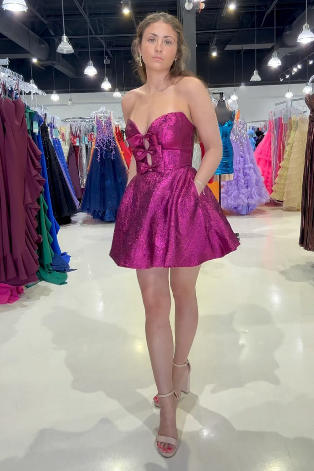 Fuchsia Strapless A Line Short Homecoming Dress/Mini Dress with Pockets