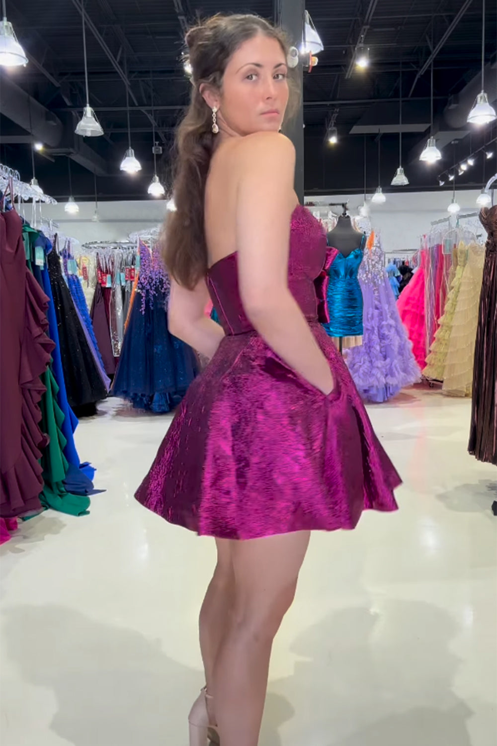 Fuchsia Strapless A Line Short Homecoming Dress/Mini Dress with Pockets
