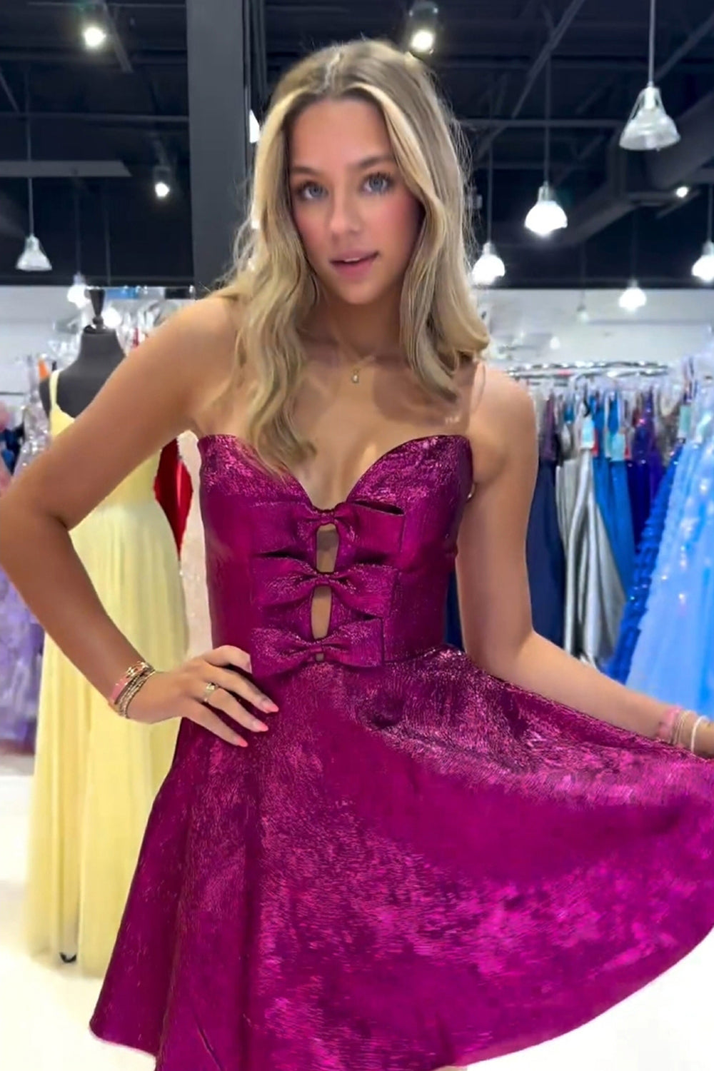 Fuchsia Sparkly A Line Short Homecoming Dress/Mini Dress With Bow