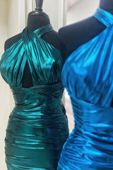 Emerald Green Cross Halter Satin Tight Short Homecoming Dress/Mini Dress