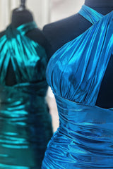 Emerald Green Cross Halter Satin Tight Short Homecoming Dress/Mini Dress