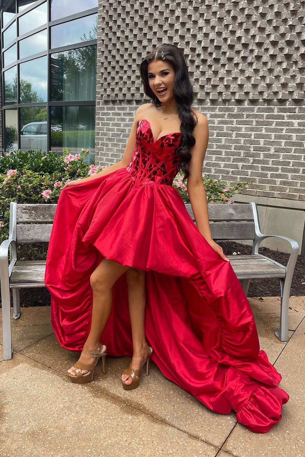 Red Mirror Strapless Corset High Low Homecoming Dress/Mini Dress
