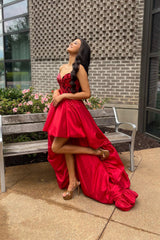 Red Mirror Strapless Corset High Low Homecoming Dress/Mini Dress