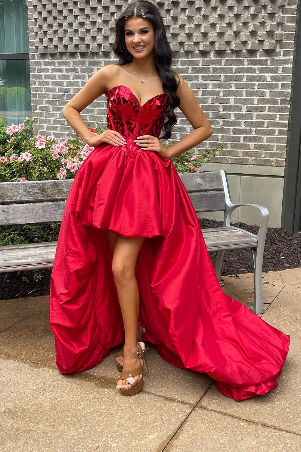 Red Mirror Strapless Corset High Low Homecoming Dress/Mini Dress
